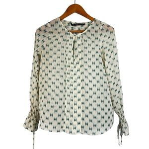 Zara Turquoise & Ivory Graphic Sheer Bell Long Sleeve Blouse